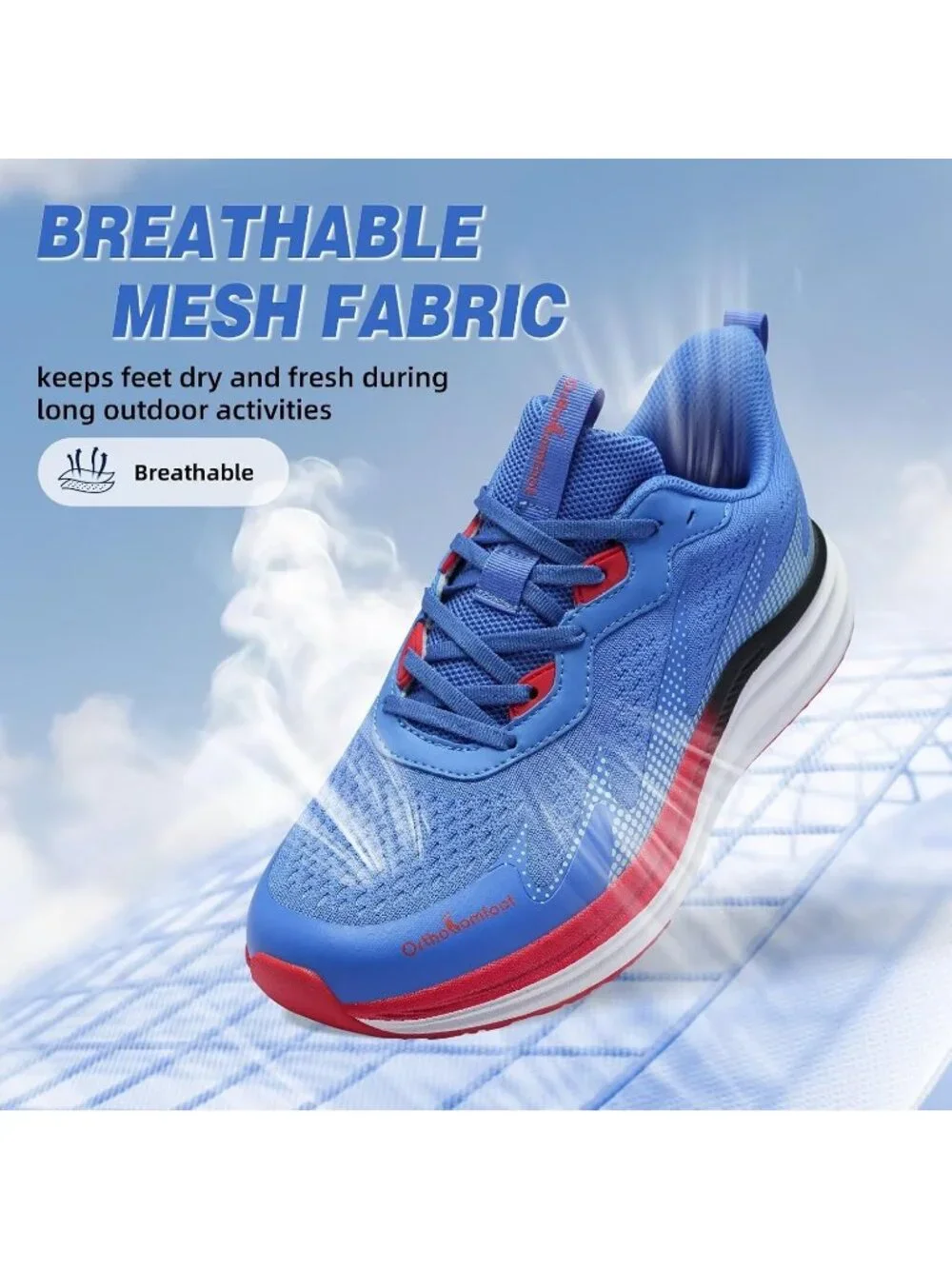 OrthoComfoot Men's Blue Red Rubber Sole Comfortable Hiking Athletic Shoes